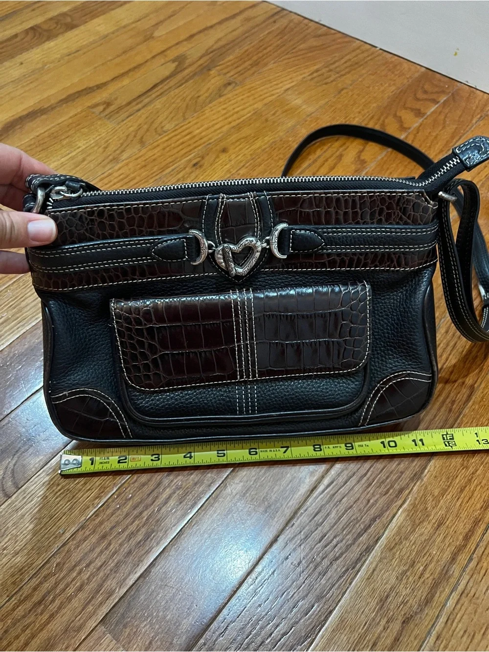 Brighton Brown and Black Textured Leather Satchel with Heart Accent